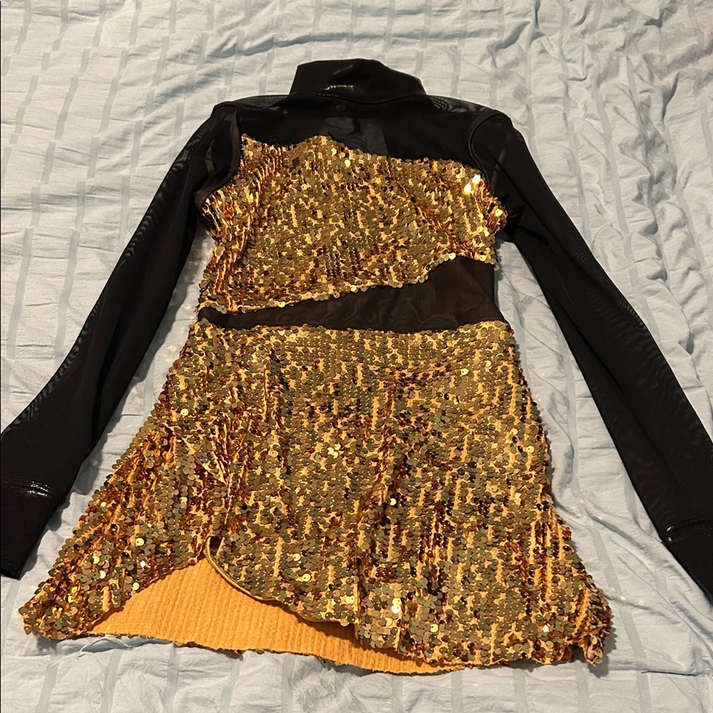 Gold Sequin jazz dance costume dress with black long sleeves.